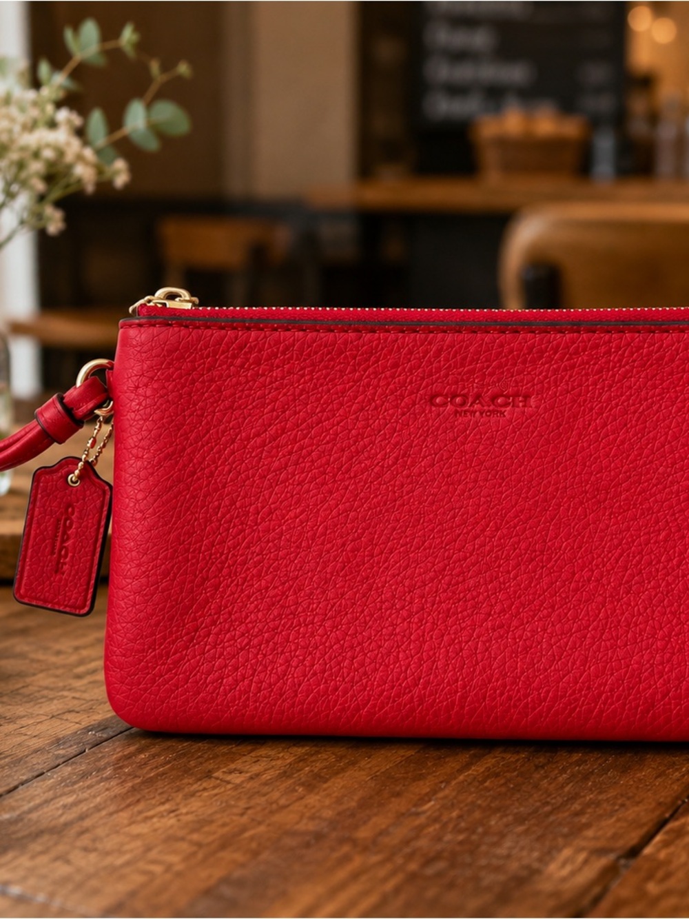 Coach Red Pebbled Leather Wristlet Clutch Pouch Wallet Zip Top Wrist Strap